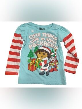 Nick Jr “DORA” Holiday Long-Sleeve Tee - Light Blue with Red Stripes Y2K